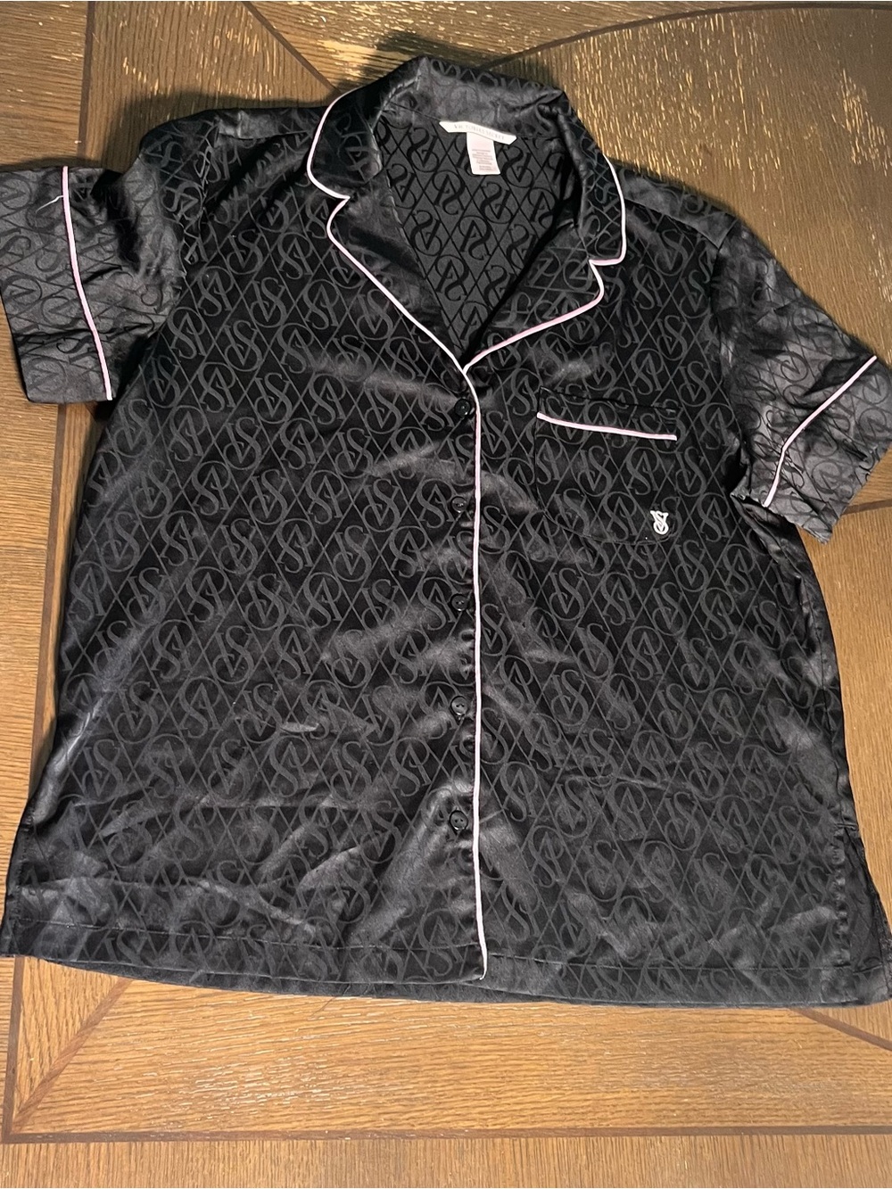 Victoria's Secret Black Satin Short-Sleeve Button-Up with Pink Piping